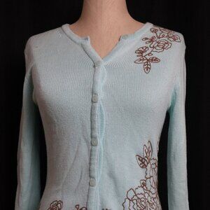 Eddie Bauer Mint Blue Embroidered Floral Cardigan Sweater Womens XS Cottagecore